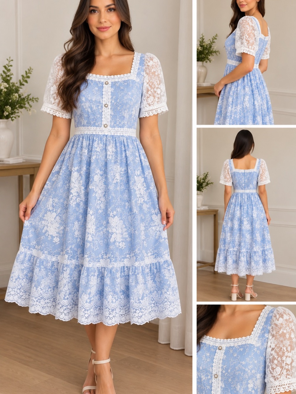 Simple Blue Floral Lace-Trim Midi Dress
